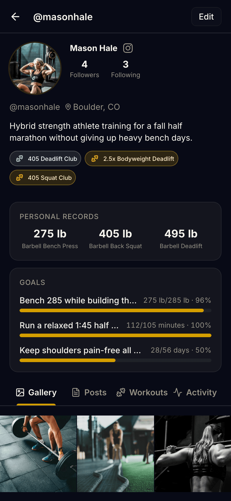 REPCIR public profile with PRs, goals, followers, and gallery